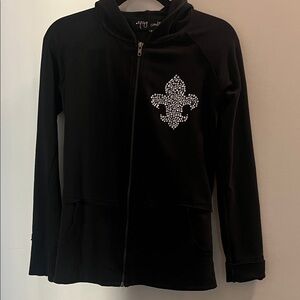 Yag Couture Black Hoodie with Rhinestone Fleur-de-Lis